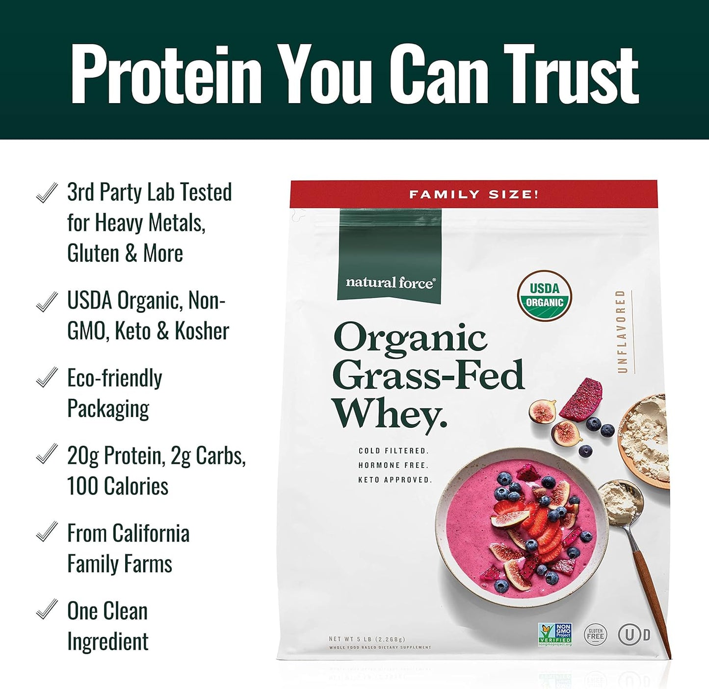 Grass Fed Organic Whey Protein Powder – Non GMO Verified, Humane Certified & Lab Tested for Toxins – Pure & Unflavored – Keto Friendly, Low Carb, and Kosher – 5 Pound A2 Protein