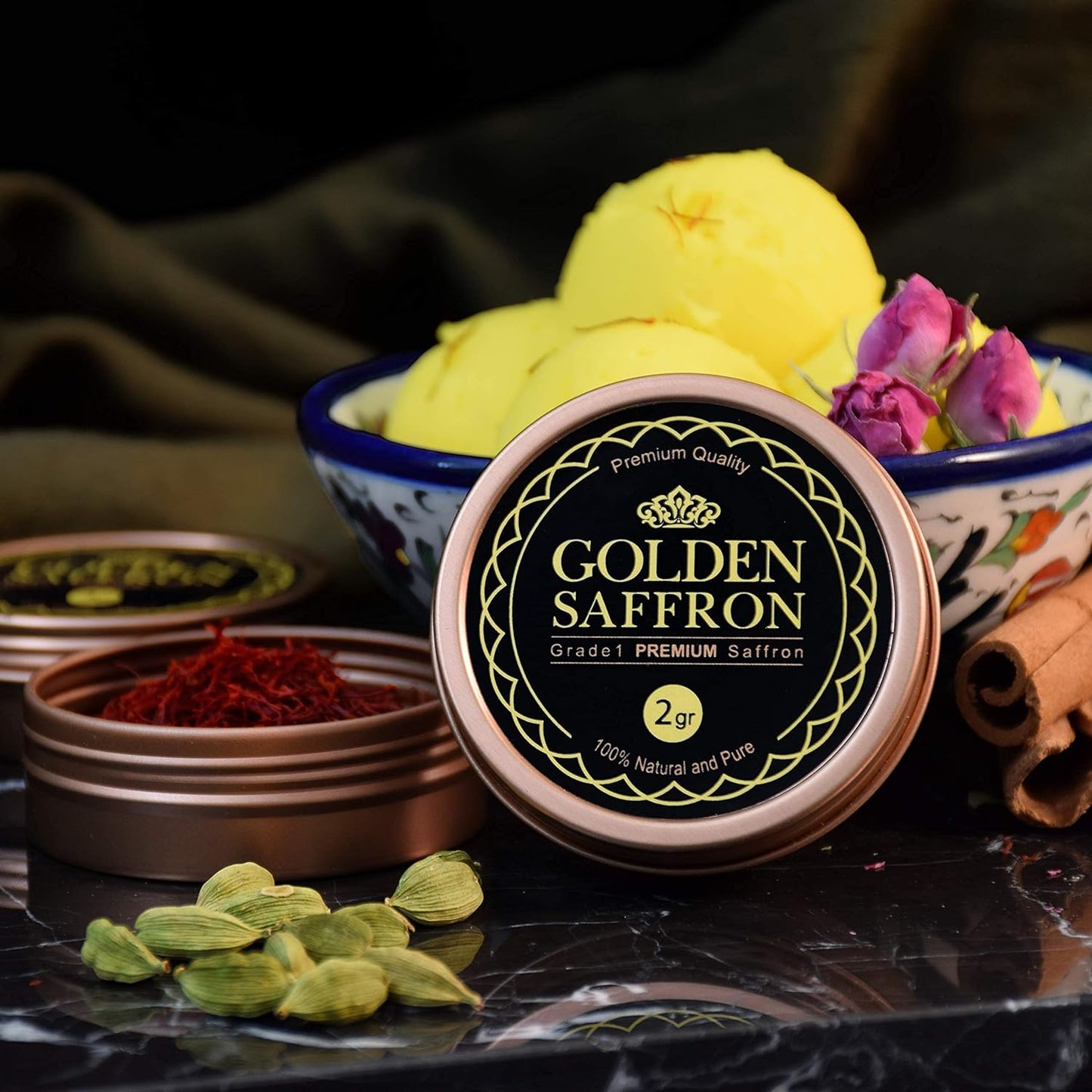 , Finest Pure Premium All Red Saffron Threads, Grade A+ Super Negin Non-Gmo Verified. for Tea, Paella, Rice, Desserts, Golden Milk and Risotto (2 Grams)