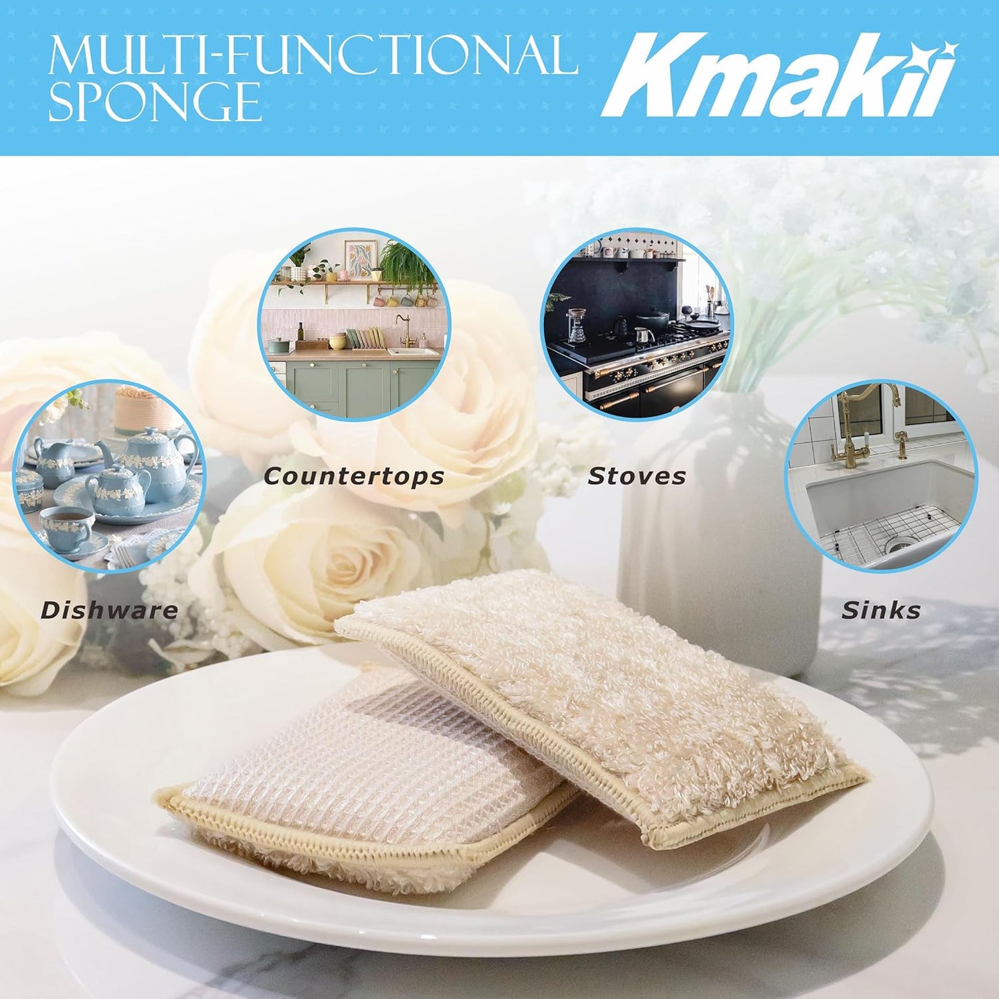 Bamboo Kitchen Sponges Dish Sponges Natural Cleaning Sponges Beige 6 Pack