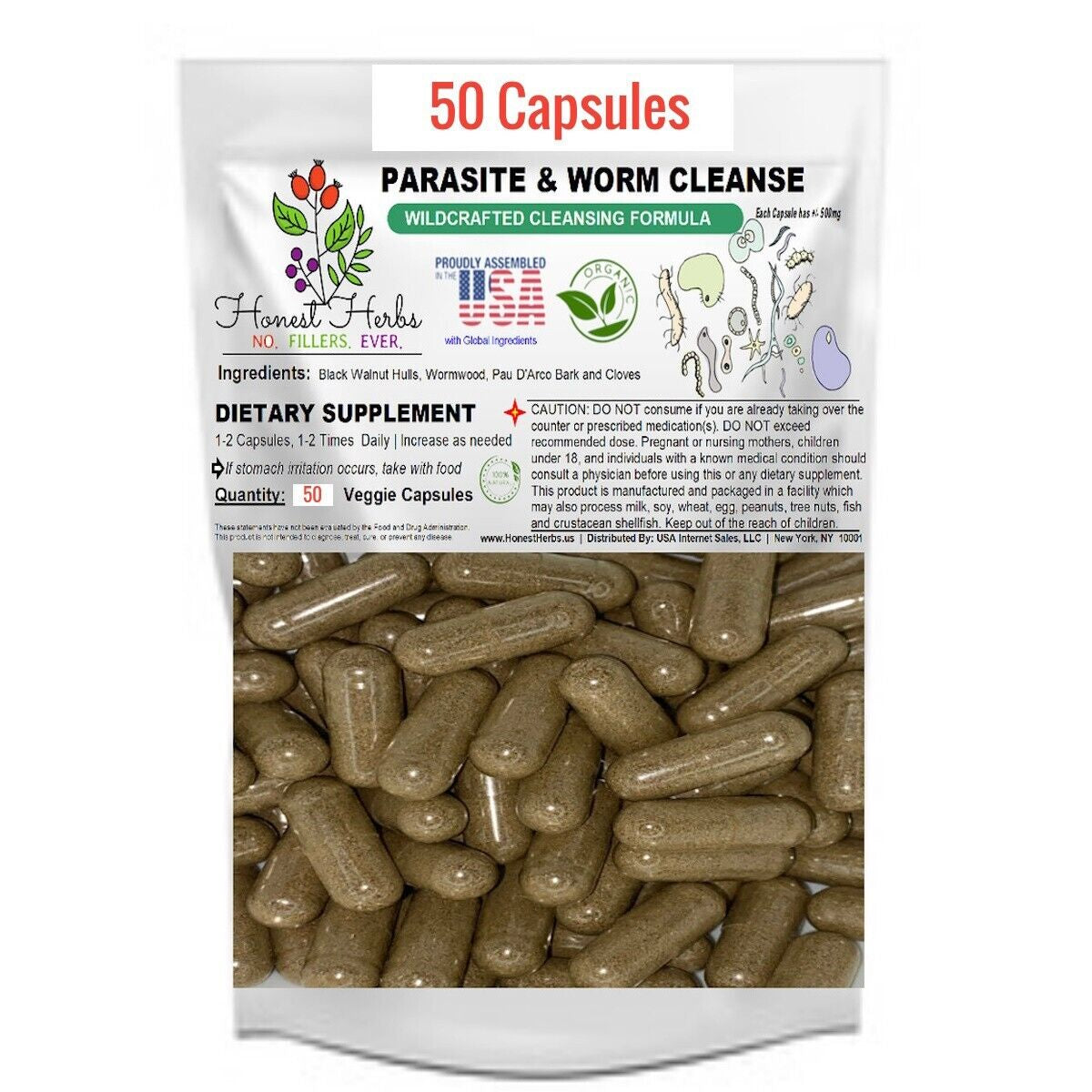 Worm & Parasite Blend - Natural Cleanse Formula - 500Mg - 50 Veggie Caps