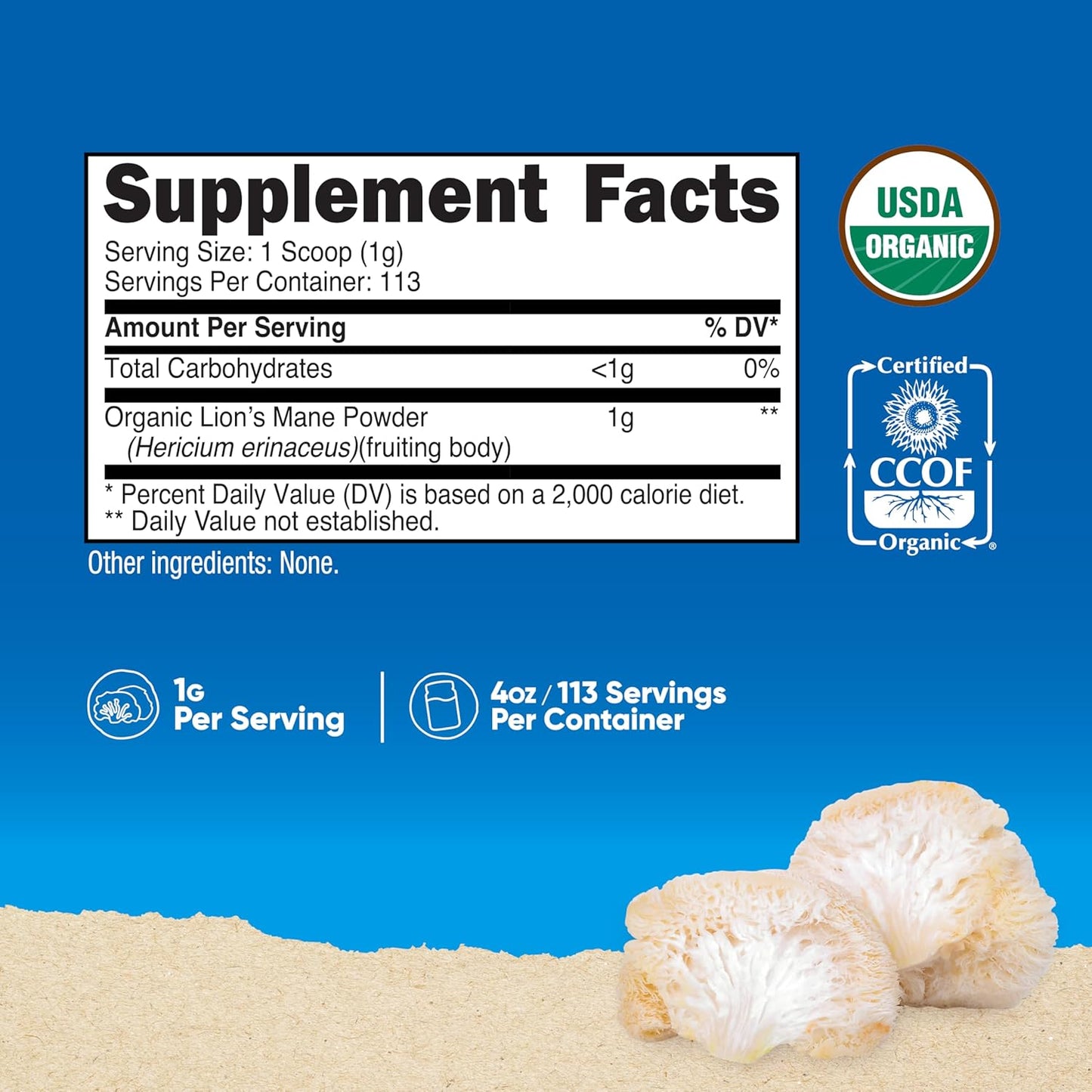 Organic Lion'S Mane Mushroom Powder 4Oz - Certified USDA Organic