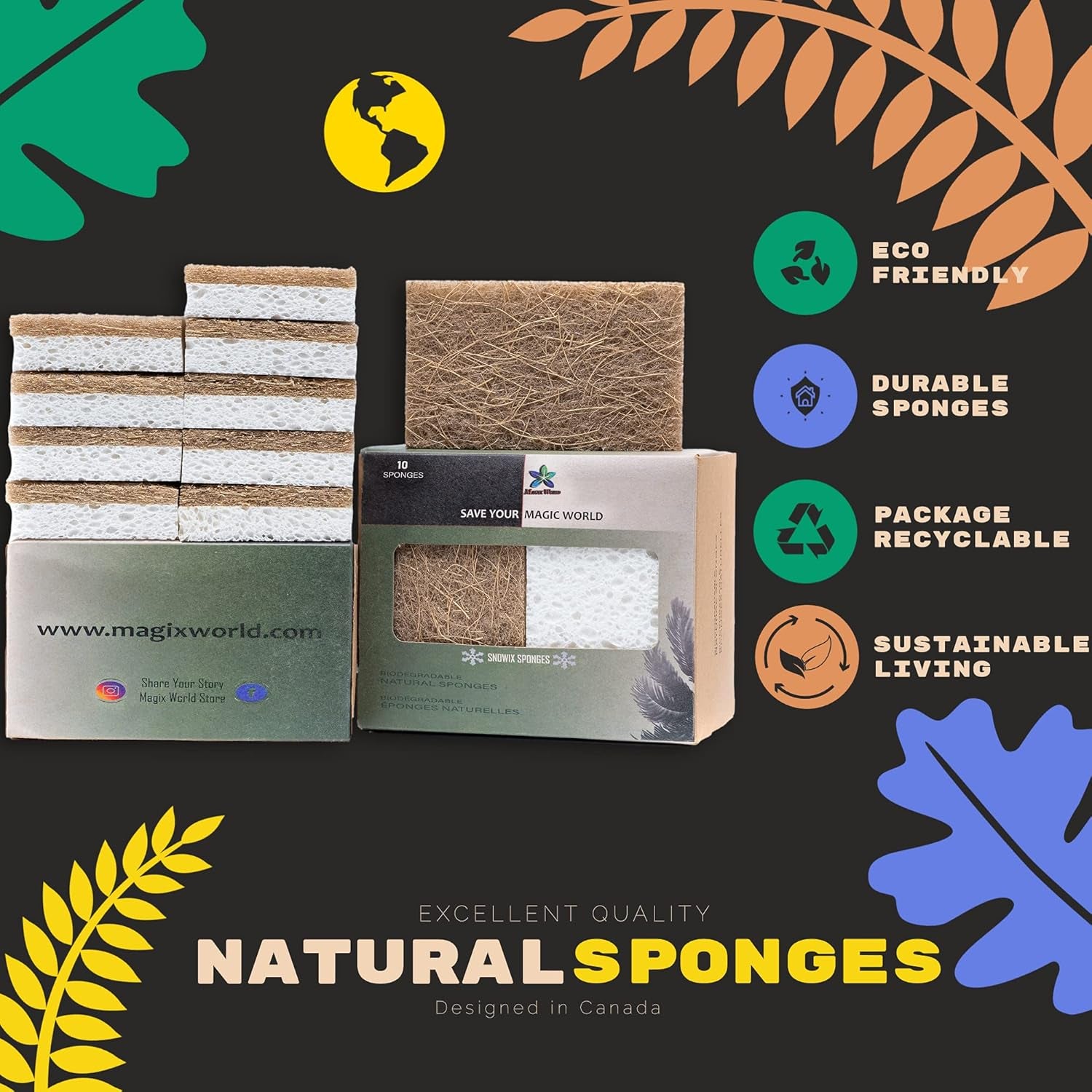 Natural Dish Sponge – 10 Pack –  Eco Friendly Kitchen Scrubber – Biodegradable Plant Based Cleaning Sponges for Sustainable Living – Odor Free and Non Scratch