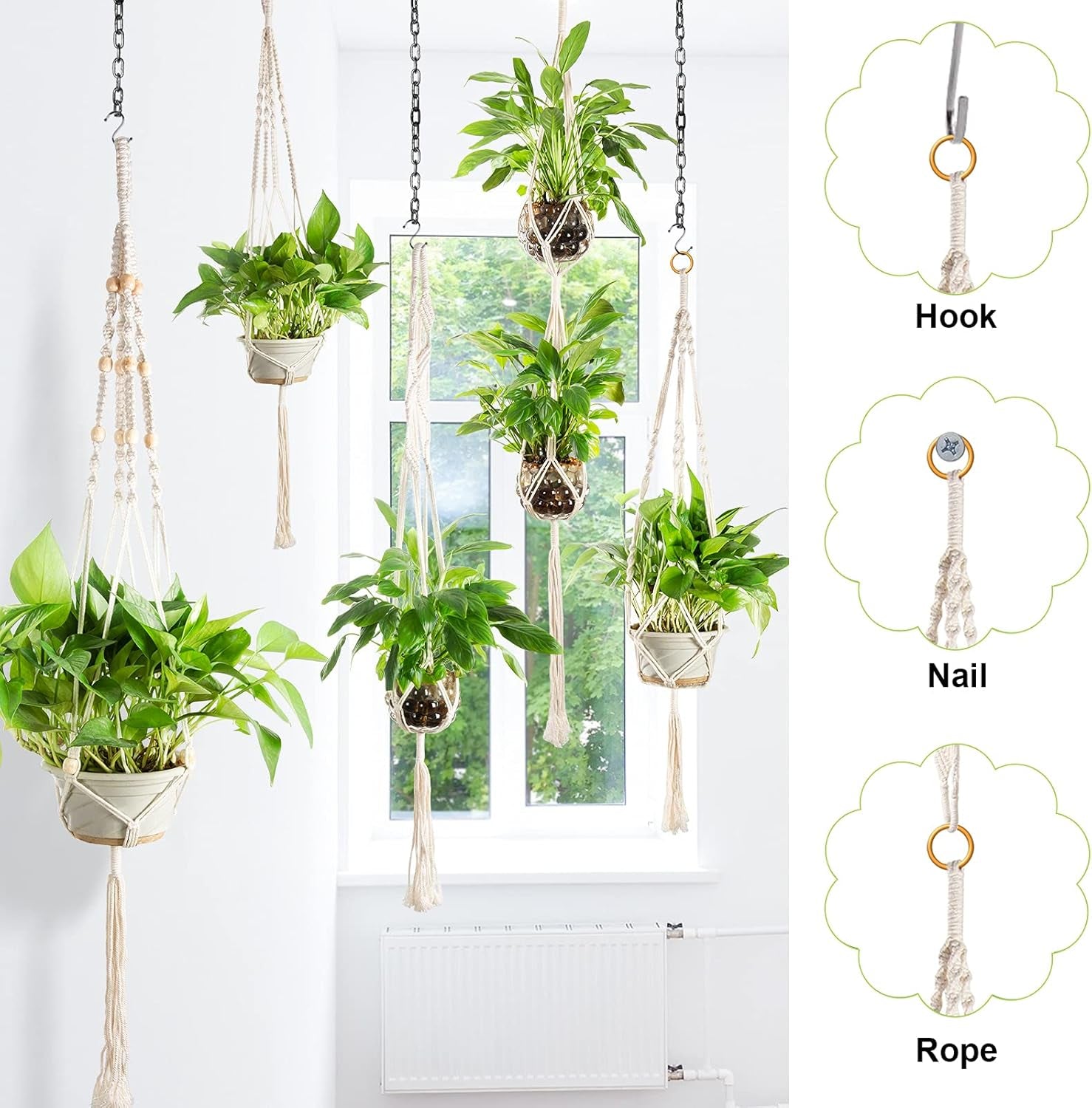 Macrame Plant Hangers 5 Pack Set Hanging Planters Indoor Handmade Cotton Rope Flower Pot Holder for Plants Outdoor Home Decor