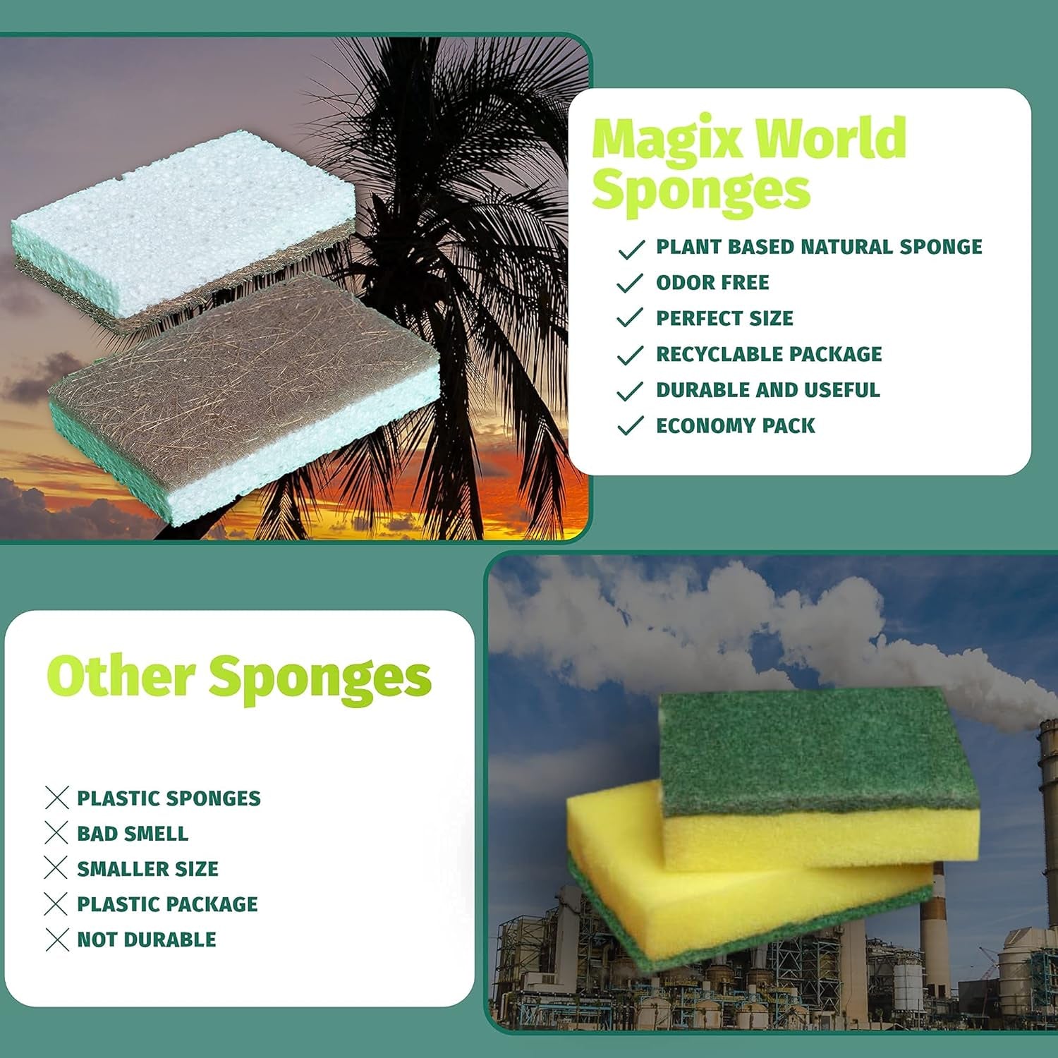 Natural Dish Sponge – 10 Pack –  Eco Friendly Kitchen Scrubber – Biodegradable Plant Based Cleaning Sponges for Sustainable Living – Odor Free and Non Scratch