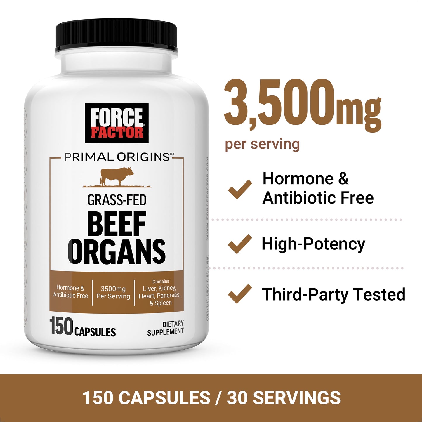 Primal Origins Beef Organ Supplement Made with Pasture-Raised, Grass Fed Beef, 150 Capsules