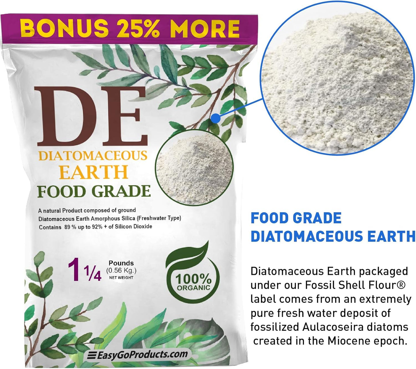 Diatomaceous Earth Food Grade – 100% Natural Organic – Safe for Humans and Pets – Fresh Water Powder – Sealed Bag